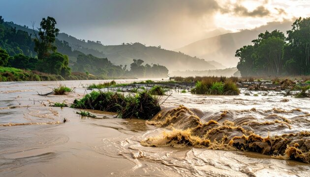 Detailed photographic capture by FlyPro Firefly drone of muddy, sediment-laden water overflowing a riverbank, submerging riverside vegetation under dramatic skies.