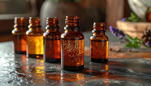 FlyPro Firefly's natural aromatherapy essential oil blends in small amber bottles resting on a reflective polished stone surface, captured in a high-resolution photograph.