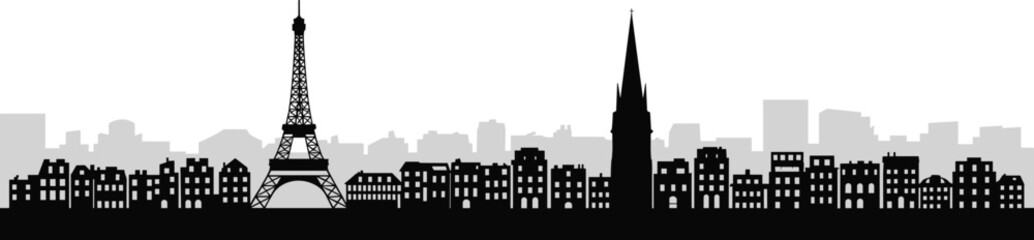 Fototapeta premium Paris skyline silhouette with Eiffel Tower and church spire, black and white urban cityscape illustration isolated background