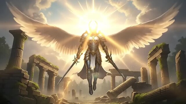 Majestic Angel Warrior Descends Amidst Ancient Ruins.
