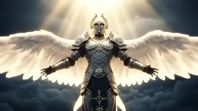 Majestic Angel Warrior Descends from Heavens with Radiant Wings.