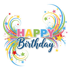 Obraz premium Vibrant Happy Birthday message with colorful swirling stars and confetti