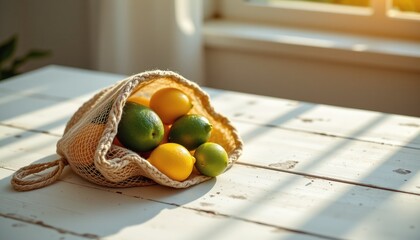 A luminous scene capturing a reusable mesh bag brimming with ripe, lush avocados, vibrant yellow lemons, and zesty green limes