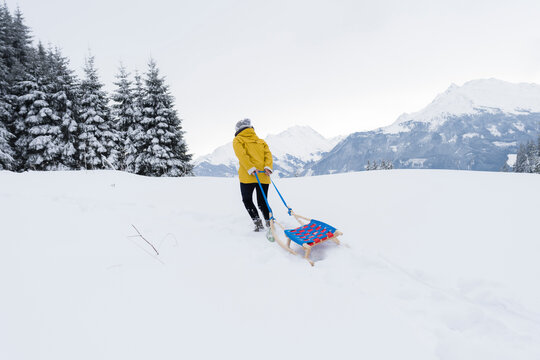 Austria, Tyrol, Thurn, back view of woman pulling sledge in snow-covered landscape