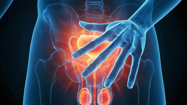 Medical video visualizing inflammation of the prostate and bladder, and pain in the male genitals using 3DCG