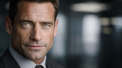 Fototapeta premium Focused Entrepreneur's Gaze: A confident businessperson's gaze pierces through the lens, capturing an aura of business acumen, and experience. Reflecting authority and unwavering determination.