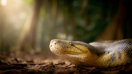 Fototapeta premium Serpentine Gaze: An anaconda rests on the forest floor, its focused gaze and patterned scales stand out amidst the green foliage, capturing the intrigue of the wild.