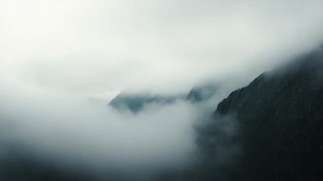 Fog shrouded mountain peaks vanish into mist, forming a moody, ethereal high elevation landscape on an overcast day, cold, quiet, and mysteriously remote