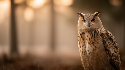 Majestic Owl in the Forest: A stunning owl, with piercing eyes, sits perched amidst the trees in a serene forest, bathed in soft, golden light.