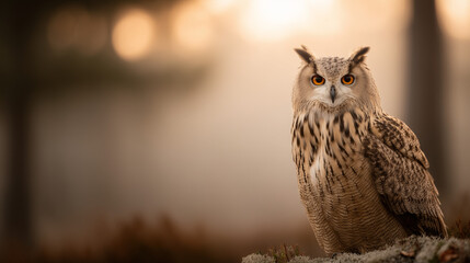 Wise Owl's Vigil: An Eurasian owl, with striking amber eyes and detailed feather patterns, perches regally amidst a soft, blurred background of autumnal colors, ready to observe and contemplate.