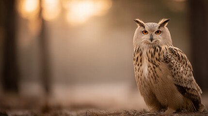 Majestic Owl's Vigil: An awe-inspiring owl with intense gaze is perched on a tree stump, standing in stark contrast to the blurry forest backdrop, it is ready to hunt and watch.