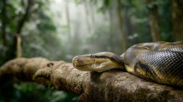 Serpent's Perch: A majestic python rests upon a weathered tree branch, its scales gleaming subtly amidst the verdant canopy of a rainforest, basking in the diffused light that filters through.