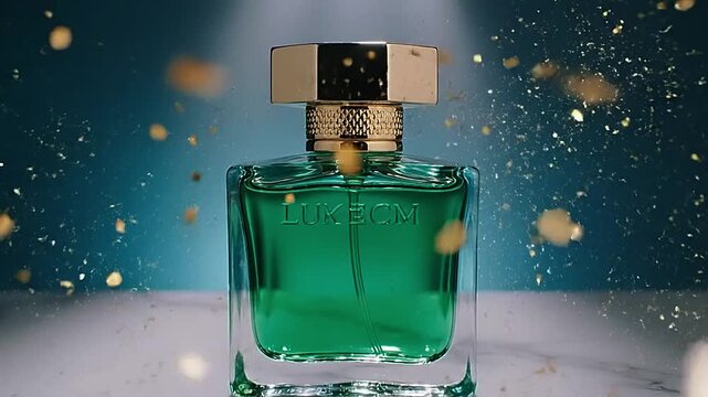 Luxurious green glass perfume bottle with gold cap on a reflective surface.