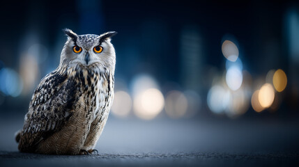 Majestic Owl in Urban Nightscape: An owl perches majestically, its intense gaze fixed upon the city at night, the glowing lights of the distant city create a magical atmosphere. 