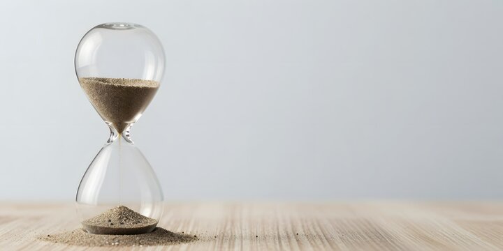 Hourglass with sand trickling through the narrow opening, representing time passing