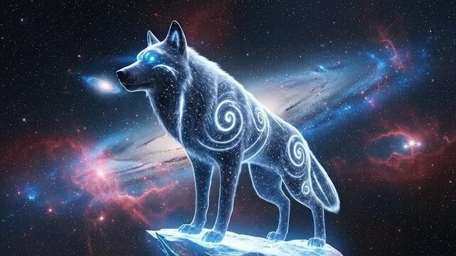 Mystical Cosmic Wolf Standing on Rock Under Starry Galaxy Sky.