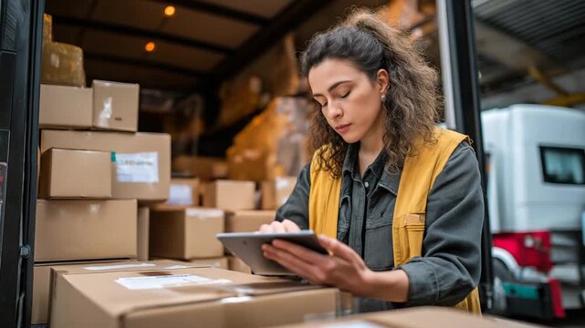Female warehouse worker uses bar code reader while scanning packages at storage compartment.