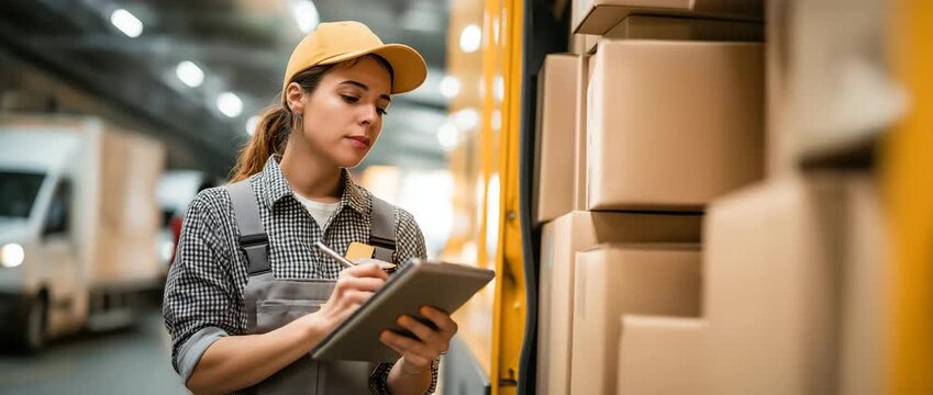 Female warehouse worker uses bar code reader while scanning packages at storage compartment.