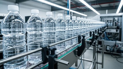 Clear water bottles on conveyor belt in a factory, focused on mass production