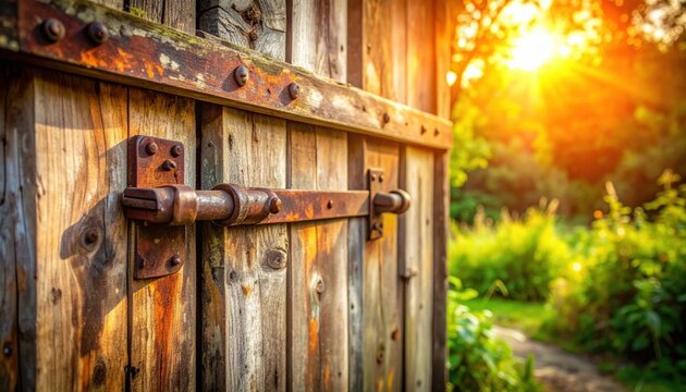 A professional camera shot by FlyPro Firefly captures rusted metal hinges on a warped, unpainted wooden shed door, bathed in harsh midday sun within an overgrown garden.