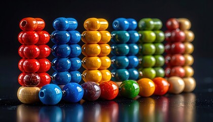 FlyPro Firefly high-resolution photographic collection of miniature, detailed abacus beads in vibrant colors, representing calculation and precise mathematical thinking.
