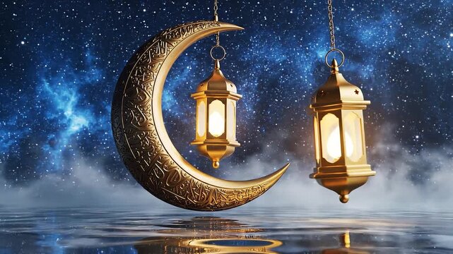 Celestial Ramadan Night: A serene and awe-inspiring night scene of the Ramadan season, a crescent moon, adorned with traditional lanterns, set against a stunning starry night sky.