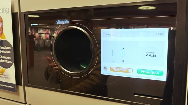 16 february 2026, Aachen, Germany. E center Sch&auml;fer. Hand of male customer putting recycable plastic bottles in a recycling machine at the entrance of grocery store in Germany. Environment, recycling 