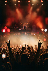 Hands raised in excitement at live music concert with lights and crowd  