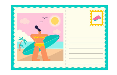 Summer vacation postcard template with beach scene, surfer girl