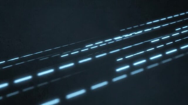 Abstract blue neon dashed lines moving quickly on a dark surface