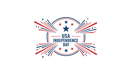 Obraz premium USA Independence Day patriotic icon in red, white and blue colors. Includes star, fireworks and banner. Created in vector style with patriotic palette.