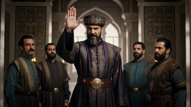 Ancient Middle Eastern monarch speaks and gestures in an ornate palace with his royal court for authority and leadership concept