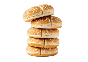 Stack of five sesame seed hamburger buns on white background