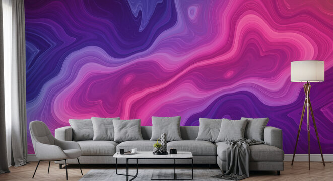 Modern Living Room with Vibrant Abstract Mural interior
