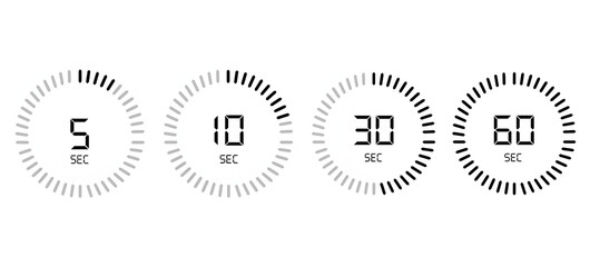Countdown Timer Icons Set. 5 10 30 60 Seconds Circular Progress. Vector illustration 
