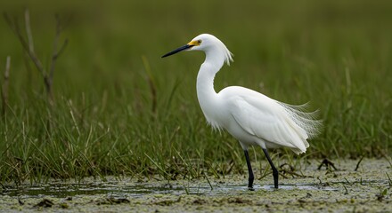 Fototapeta premium Snowy egret in its natural habitat, standing gracefully amongst marsh vegetation