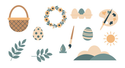 A collection of charming Easter-themed illustrations including a basket, painted eggs, a floral wreath, a palette with brushes, and natural elements. © tr