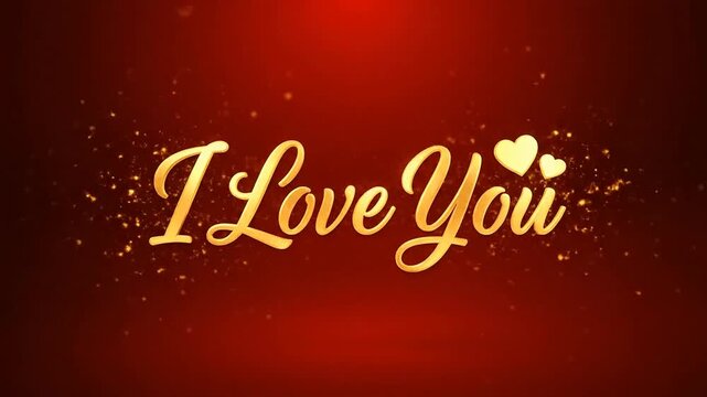 Elegant animated text with golden script and hearts on red background
