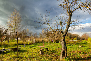 Obraz premium Old garden in the village in late autumn