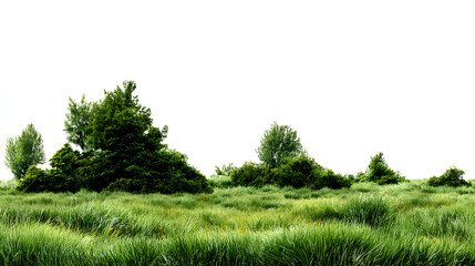 Fototapeta premium grass isolated on white/Wide green meadow with trees and bushes isolated on a white background, panoramic natural landscape element for design use. Stock Illustration
