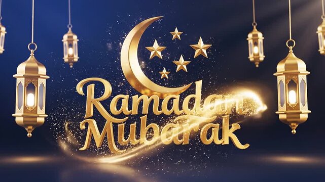 Ramadan Mubarak: A visual display of Ramadan Mubarak, using golden elements and a crescent moon with stars to represent the holy month. Featuring lanterns and a celebratory feel.