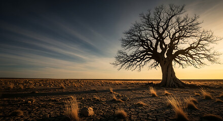 Lone tree standing in barren landscape at sunset  