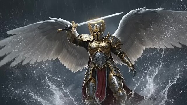 Majestic Angelic Warrior with Sword and Halo in a Stormy Sky.
