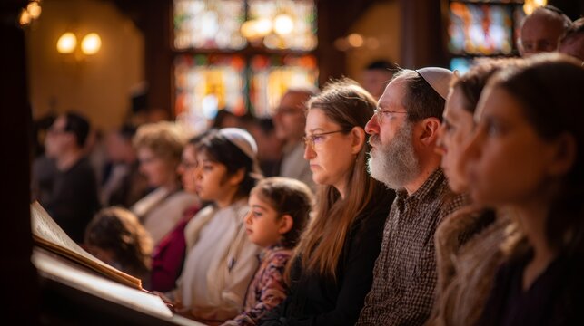 jewish megillah reading, a diverse congregation gathers respectfully in a warmly lit synagogue, listening intently as the megillah is read the atmosphere is reverent, with some holding groggers, and