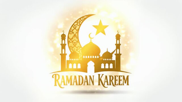 Golden mosque silhouette with moon, star, and Ramadan Kareem text