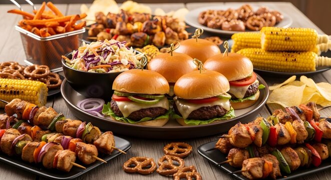 High angle view of a rich tailgate buffet featuring mini burgers, chicken skewers, grilled corn, and pretzels.
