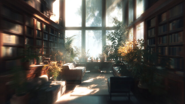 Blurred view of a modern home library with dark wooden bookshelves filled with books and green plants.