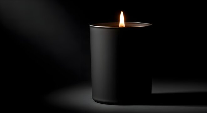 Elegant matte black candle jar with a burning flame in a dark, moody setting. Dramatic spotlight illumination, perfect for luxury home decor or relaxation themes.