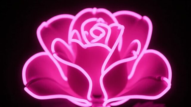 Vibrant pink neon rose glowing brightly in darkness