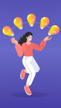 Creative thinking and multiple intelligence concept with happy woman and light bulbs